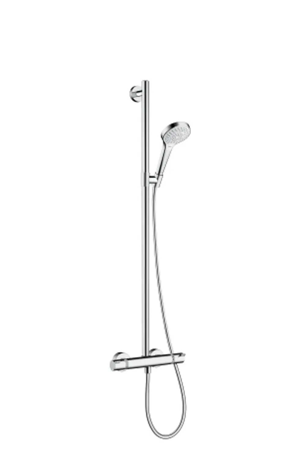 Thermostat-Duschsystem von Hansgrohe mit Handbrause, montiert an einer glatten Wand. Der Schlauch ist an einem Halter befestigt, und die Armatur ist in Weiß und Chrom gehalten.